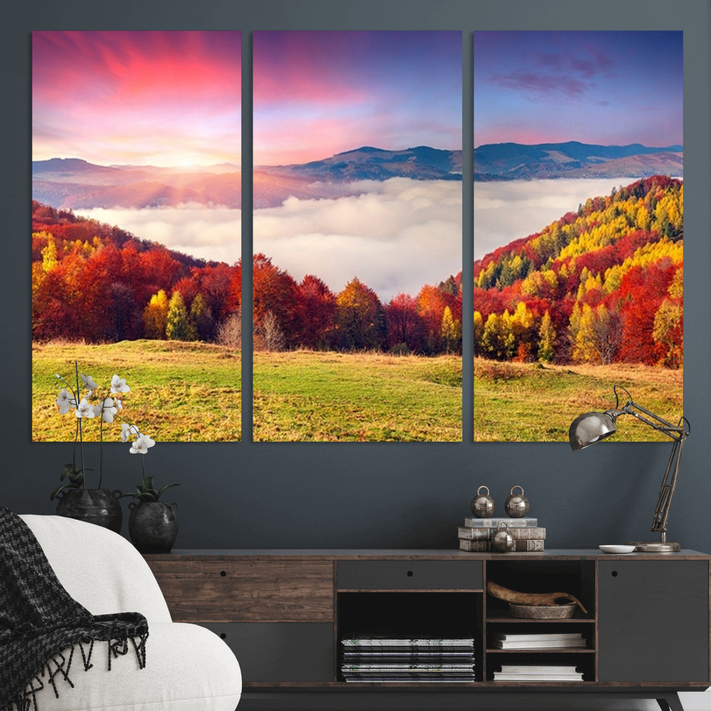 MGV-CV-48X32-3P - Autumn Mountain Foggy Landscape Wall Art Canvas Print | Beautiful Forest Canvas Print | Misty