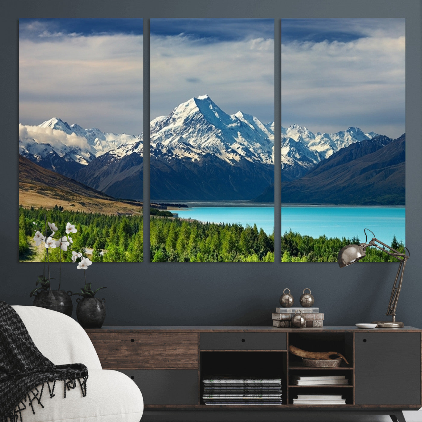 MGV-CV-48X32-3P - Mount Cook and Lake Pukaki Canvas Wall Art Print – Majestic Snow-Capped Peaks and Serene Lake Wall