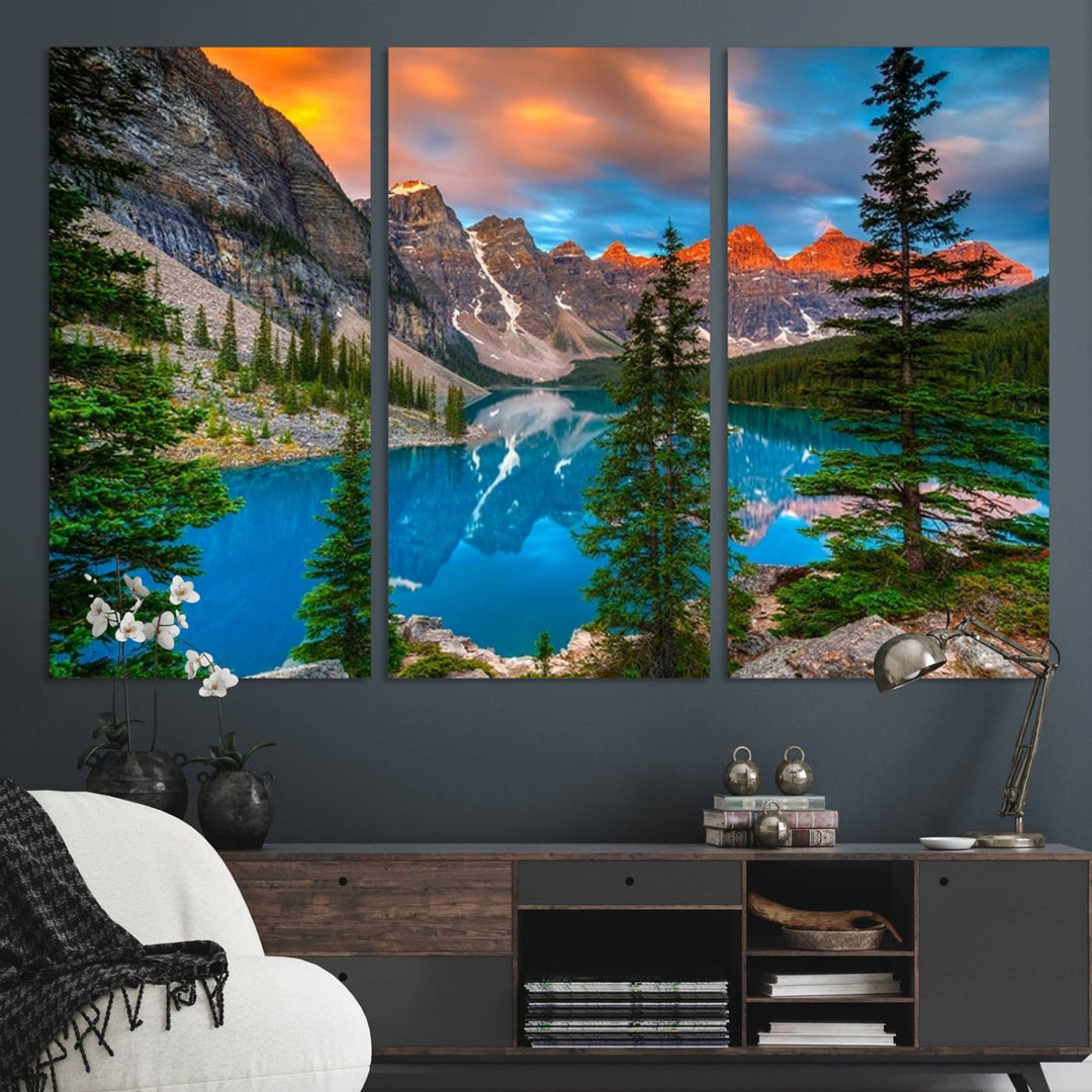 A kitchen featuring a Canadian Rockies Moraine Lake Wall Art Canvas Print displayed on the wall.