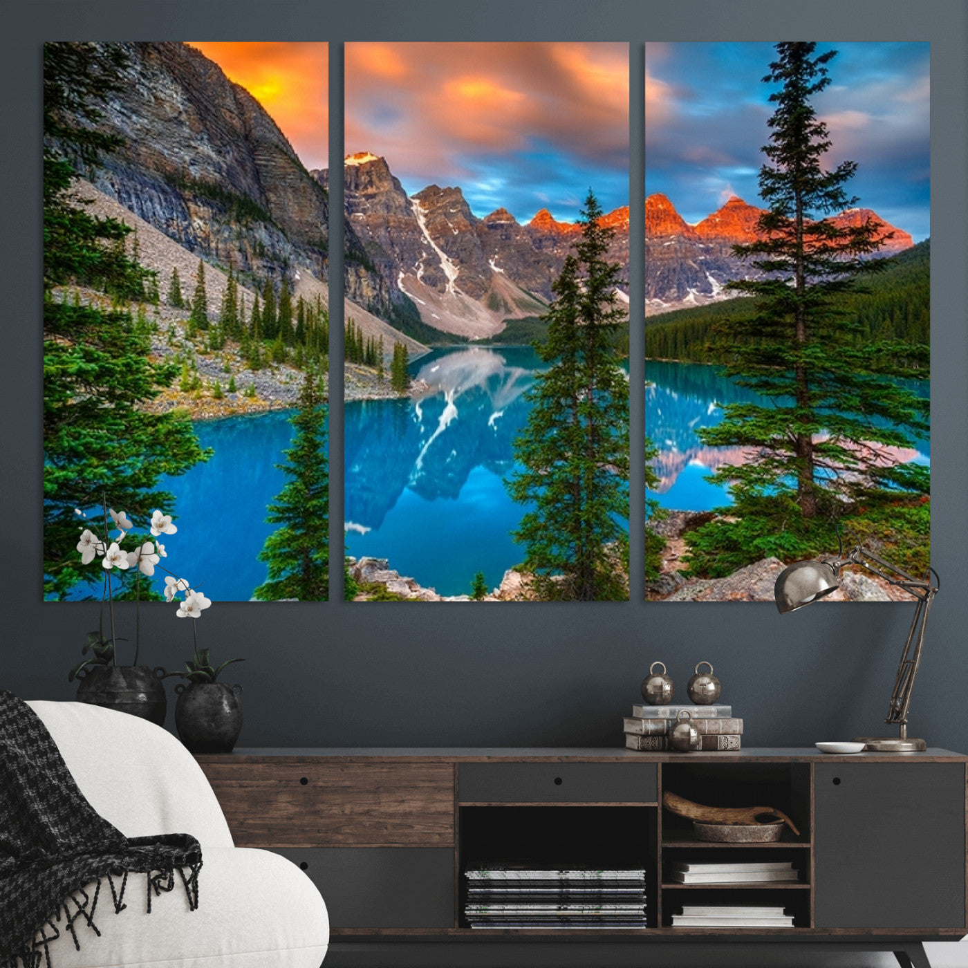 MGV-CV-48X32-3P - Canadian Rockies Moraine Lake Wall Art Canvas Print, Pine Trees Mountain Spring Canvas Print