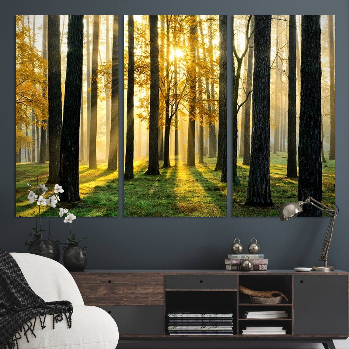 60024-MGV-CV-36X24-Sunlit Forest Wall Art Canvas Print - Large Framed Woodland Wall Art for Home or Office Decor, Rustic Nature Scene with Golden Light
