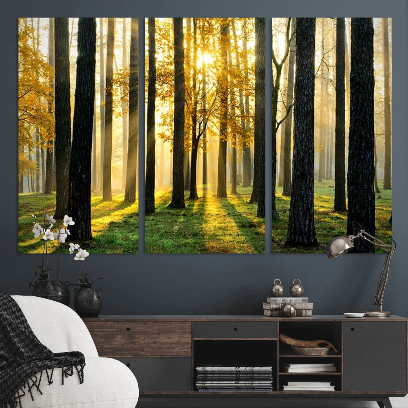 MGV-CV-48X32-3P - Sunlit Forest Canvas Wall Art – Serene Woodland Triptych Landscape Print – Nature-Inspired Decor for