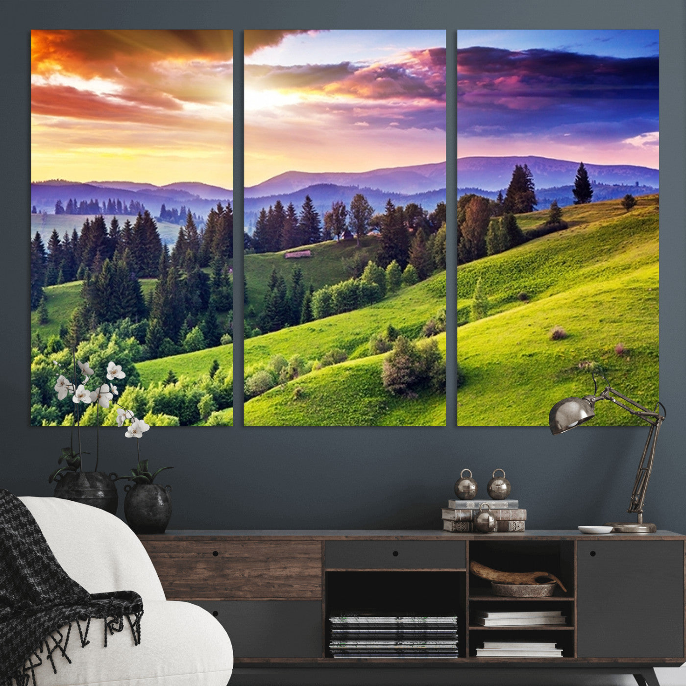 MGV-CV-48X32-3P - Green Hills and Sunset Wall Art Print - Scenic Landscape with Lush Greenery and Vibrant Sky, Ready