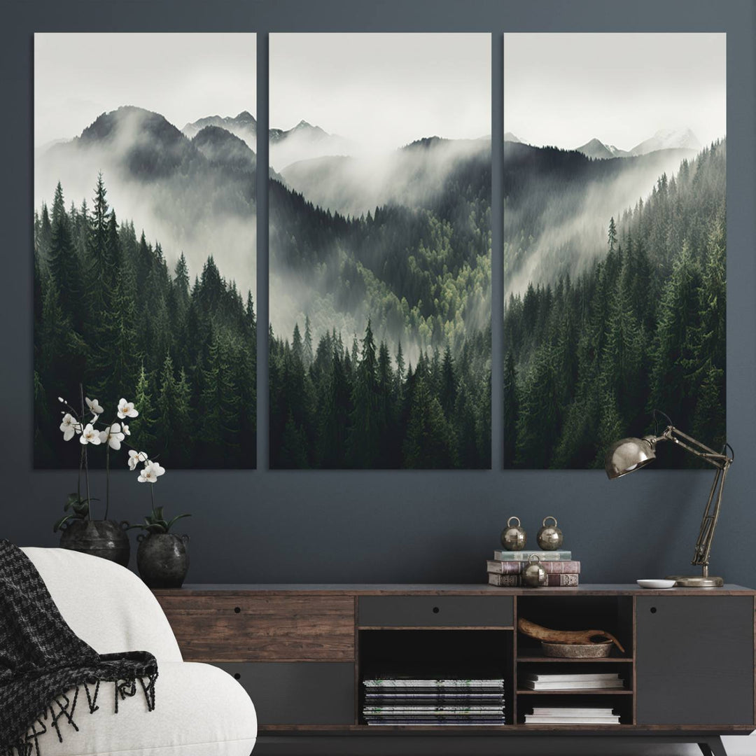 Serene and mystical landscape of misty mountains and dense evergreens, ideal for a Misty Mountain Forest Canvas Wall Art Print.