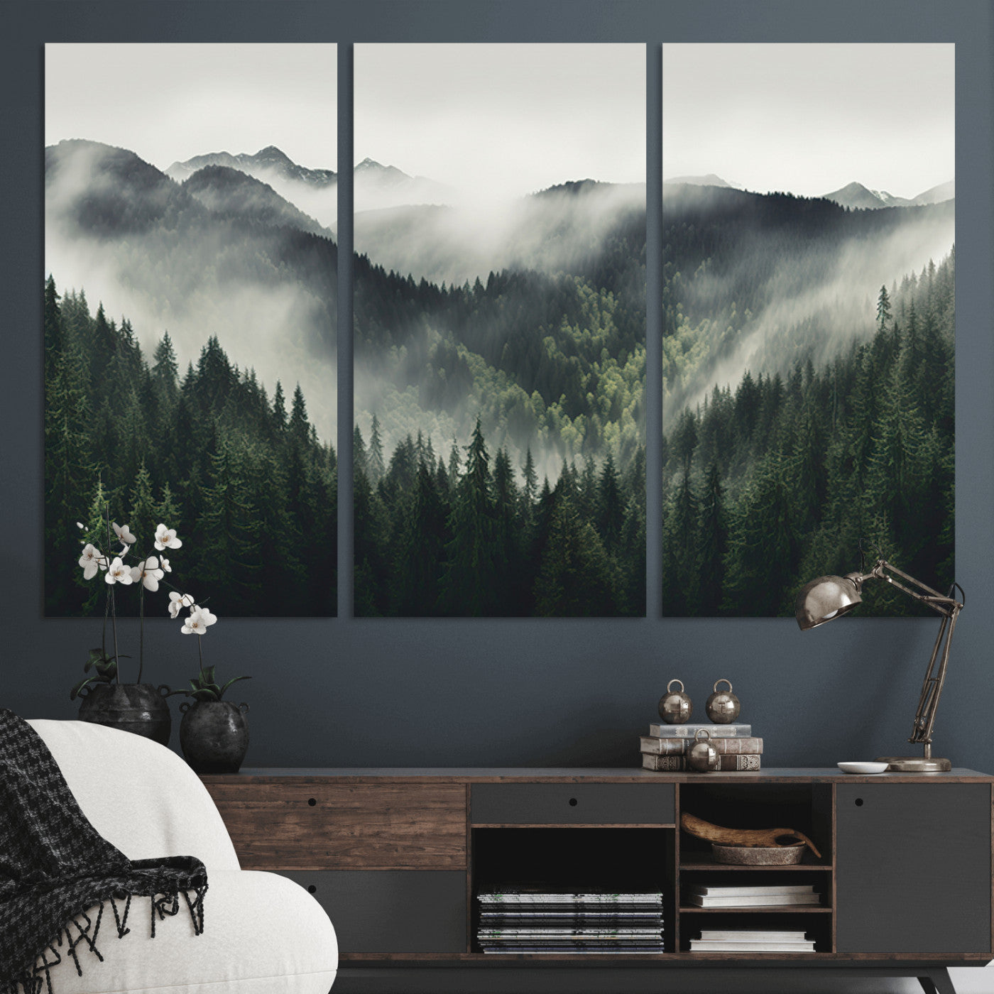 MGV-CV-48X32-3P - Misty Forest Canvas Print Wall Art Premium Canvas Print a Foggy and Serene Atmosphere