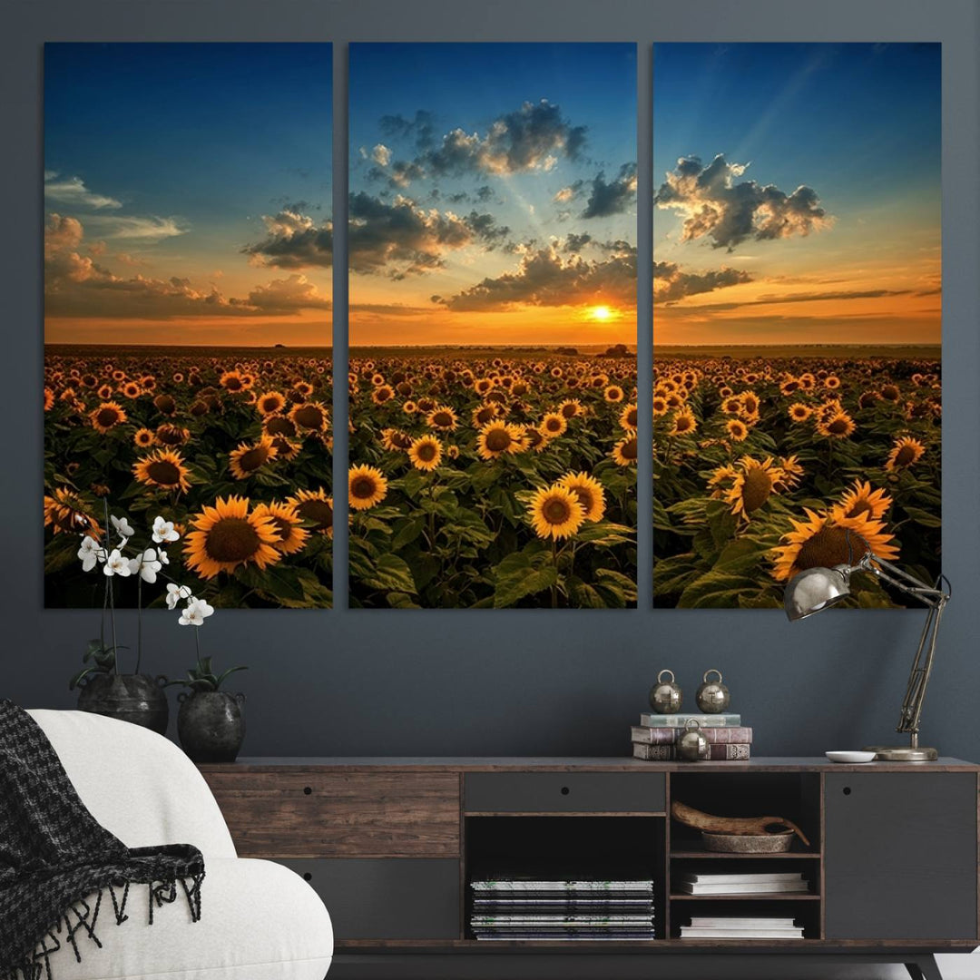 The dining area features the Sunflower Field Sunset Wall Art Canvas Print.