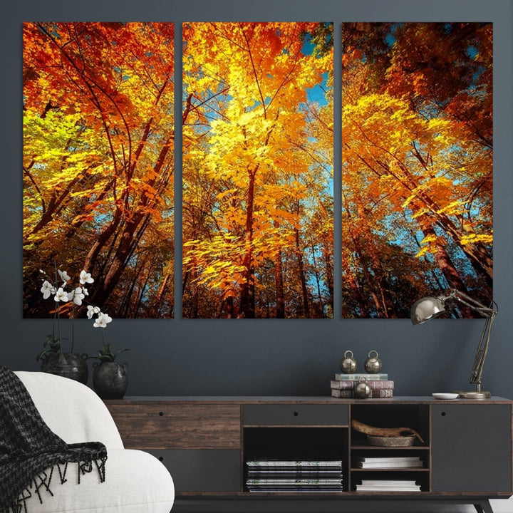 Forest View at Fall Wall Art hangs prominently, showcasing its beauty.