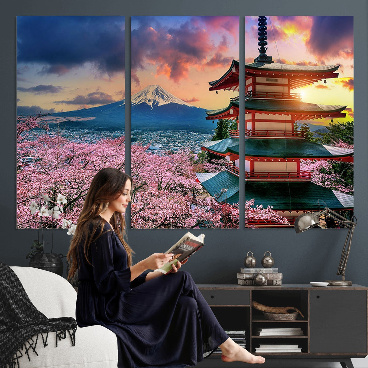 95987-MGV-CV-24X16 - Cherry Blossoms Canvas Print, Chureito Pagoda and Mount Fuji Wall Art