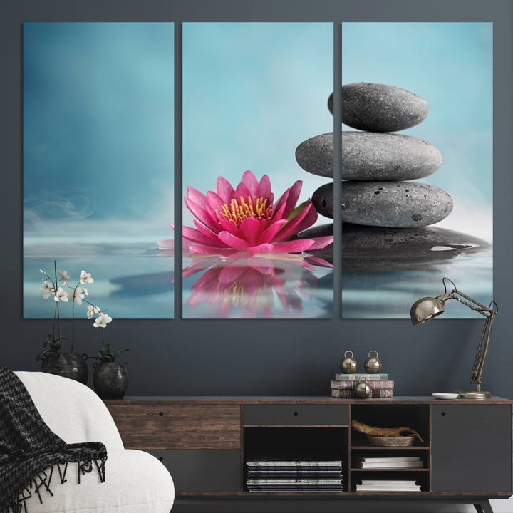 The dining room features a Zen Serenity Triptych wall art, showcasing a calming depiction of lotus flowers and balancing stones.