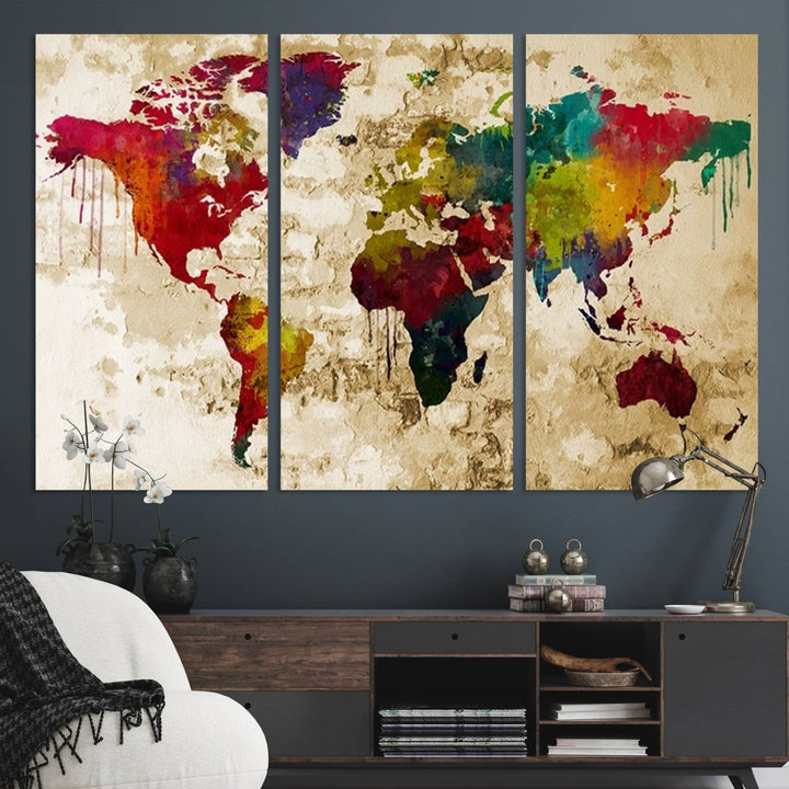 Wall Art World Map Canvas Print Rainbow Colored Vintage Style World Map