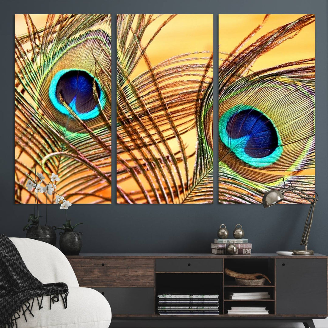 The room features vibrant peacock feather wall art.