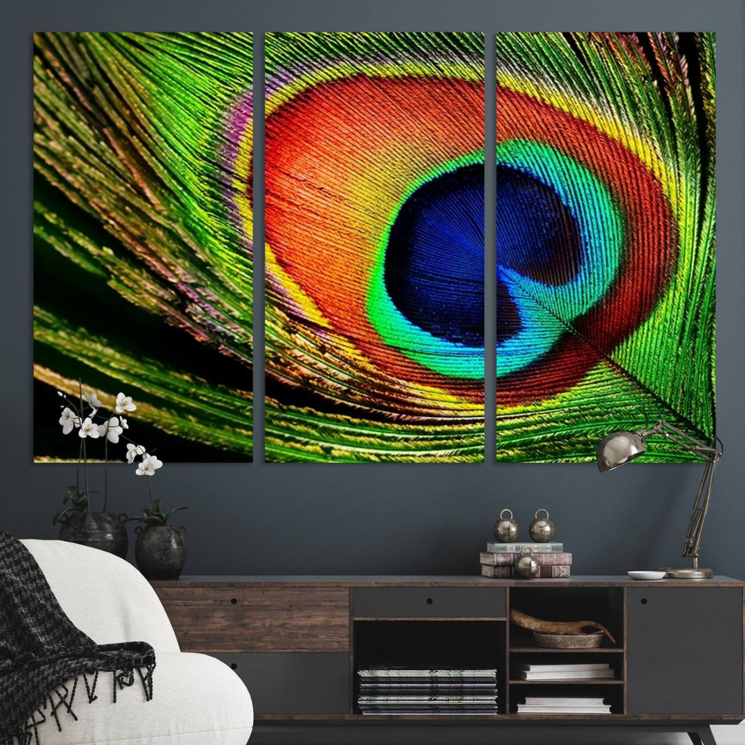 The Colorful Peacock Feather Wall Art Print graces the wall.