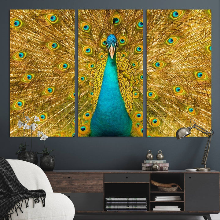 The Peacock Wall Art Canvas Print adorns a bright wall.