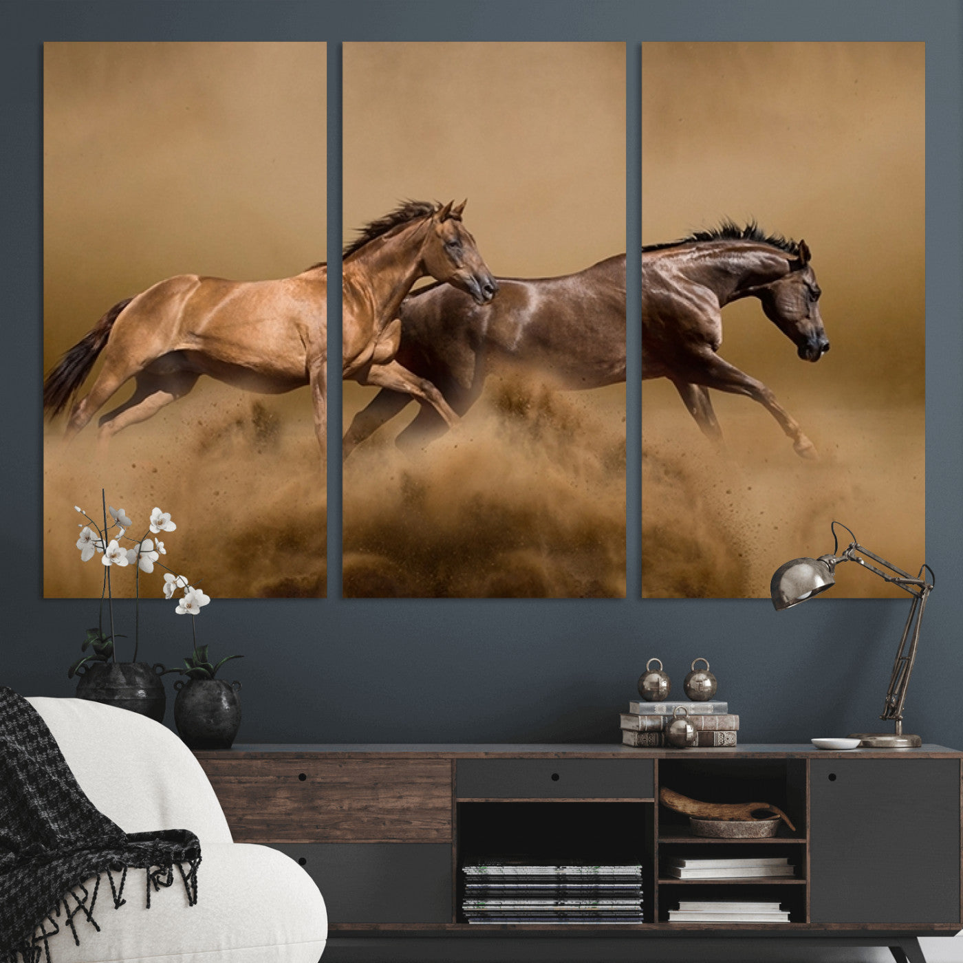 MGV-CV-48X32-3P - Large Wall Art Animal Canvas Print - Two Running Brown Horses