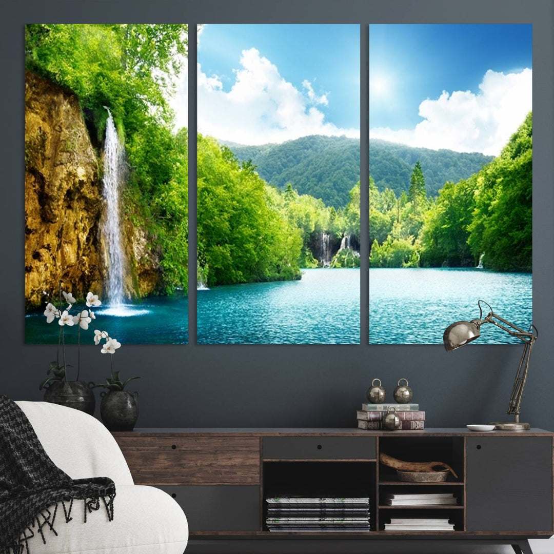 A dining room showcasing a waterfall canvas print.