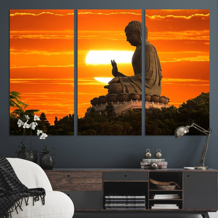 The Buddha Statue at Sunset canvas print adds serenity to the space.