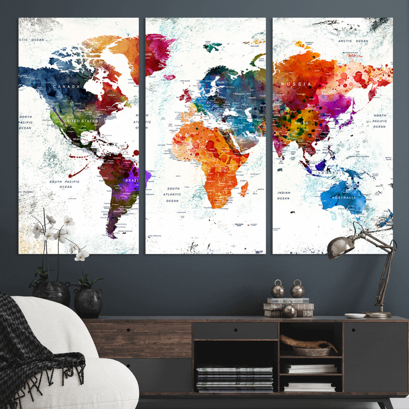 MGV-CV-48X32-3P - Push Pin World Map Canvas Print – Framed Wall Art for Couples to Track Their Travels – Anniversary