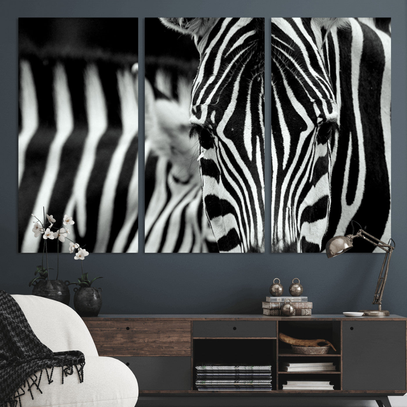 MGV-CV-48X32-3P - Zebra Wall Art – Close Up Black and White Animal Print, Bold Safari Decor for Living Room, Office, or Bedroom