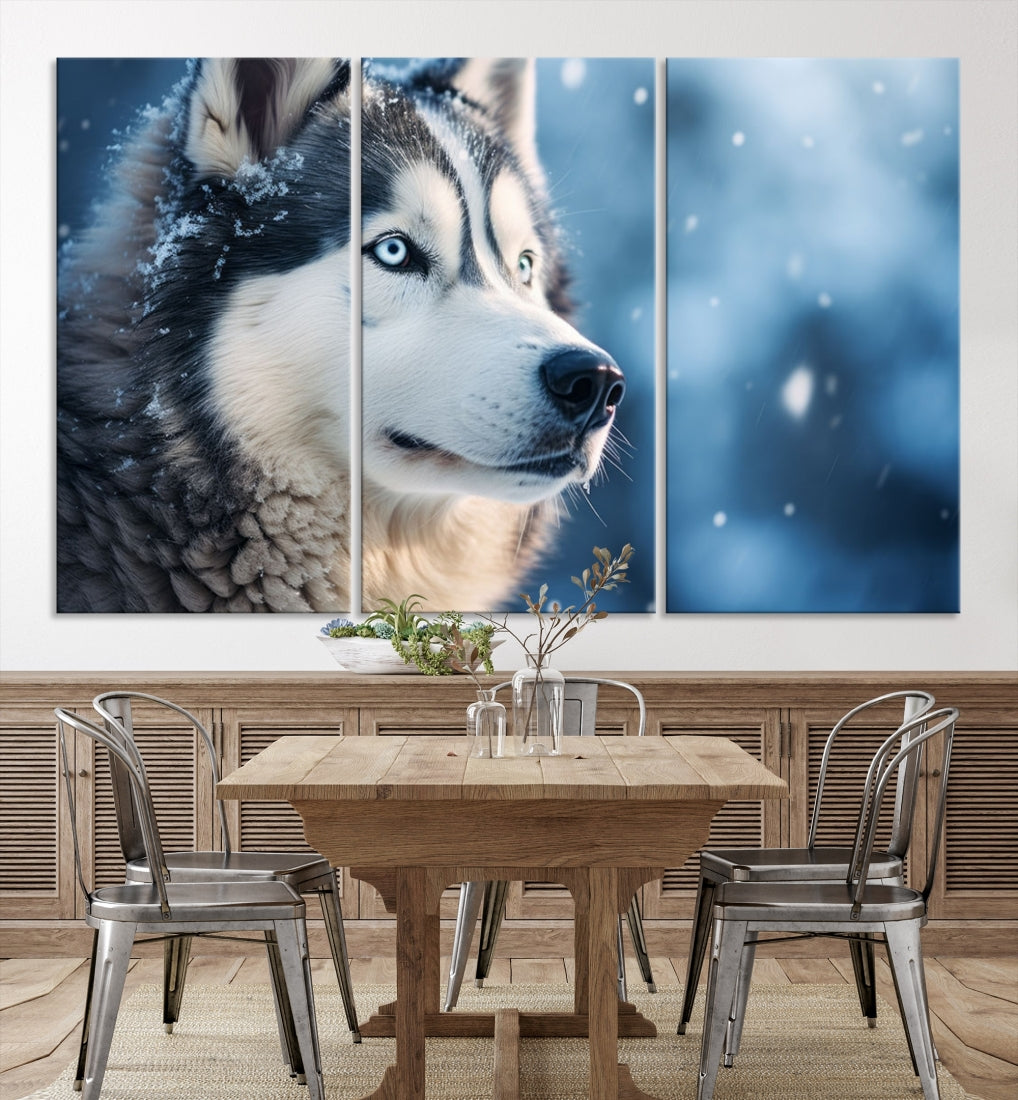 Art mural de loup Husky sibérien d'hiver Impression sur toile