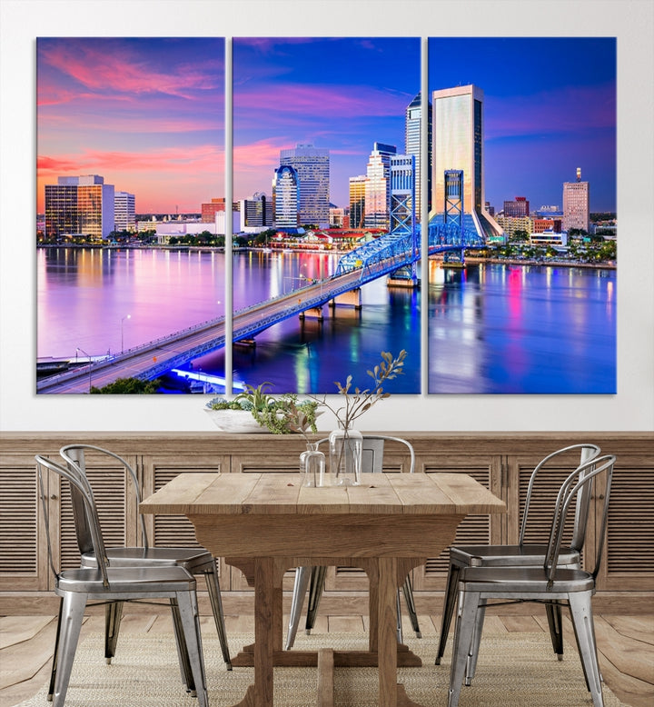 The Jacksonville Wall Art Canvas Print, showcasing the Jacksonville cityscape over a river at sunset, is elegantly crafted on museum-quality canvas with a UV-protective coating. Ready to hang, it elevates your space with its sophisticated charm.