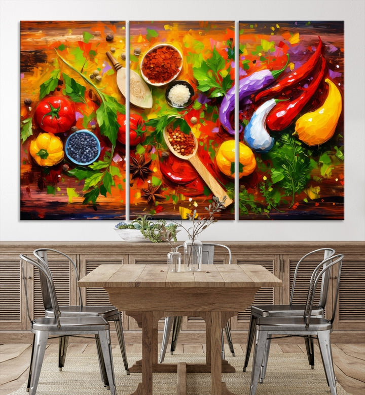 The "Herbs and Spices Culinary Art Foodie Kitchen Art" is a vibrant three-panel painting depicting various vegetables and spices on a wooden background, crafted on museum-quality canvas.