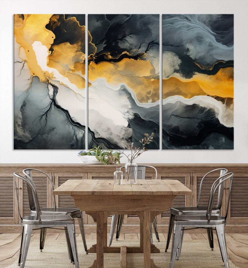 The Smoke Gray Green Golden Abstract Contemporary Art Canvas beautifully enhances a modern living room. Created on museum-quality canvas, this ready-to-hang artwork guarantees longevity and sophistication, perfectly aligning with the contemporary aesthetic.