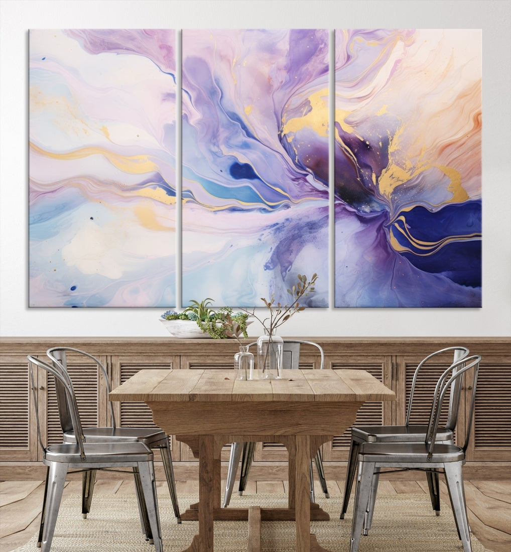 In the modern living room, a captivating Purple Color Abstract Wall Art Print graces the walls, mounted on museum-quality canvas, infusing the space with an artistic flair.