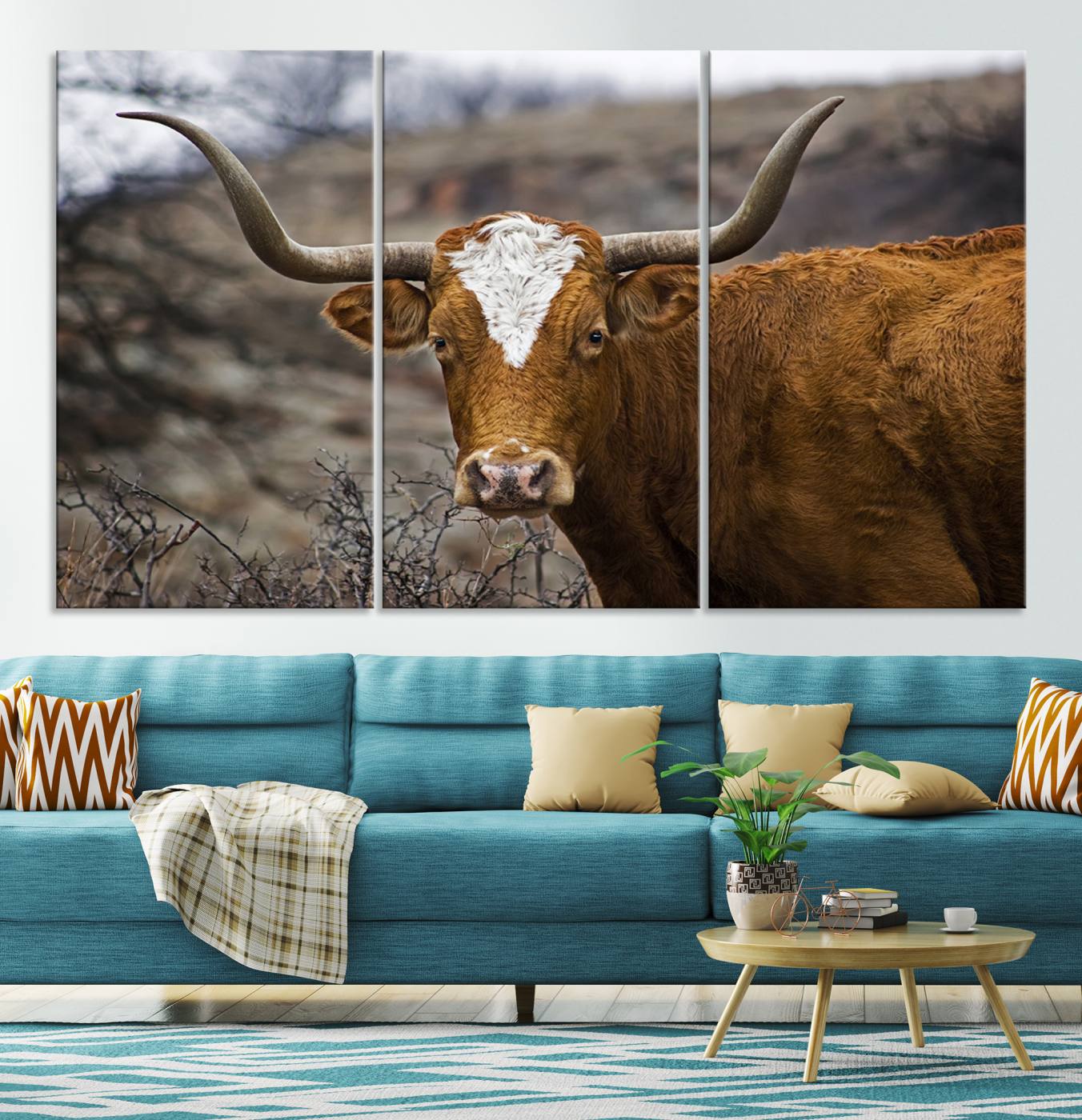 71797-MGV-CV-36X24-Texas Longhorn Canvas Wall Art - Longhorn Steer Canvas Wall Art Print- Rustic Western Animal Print, Large Longhorn Decor for Living Room,