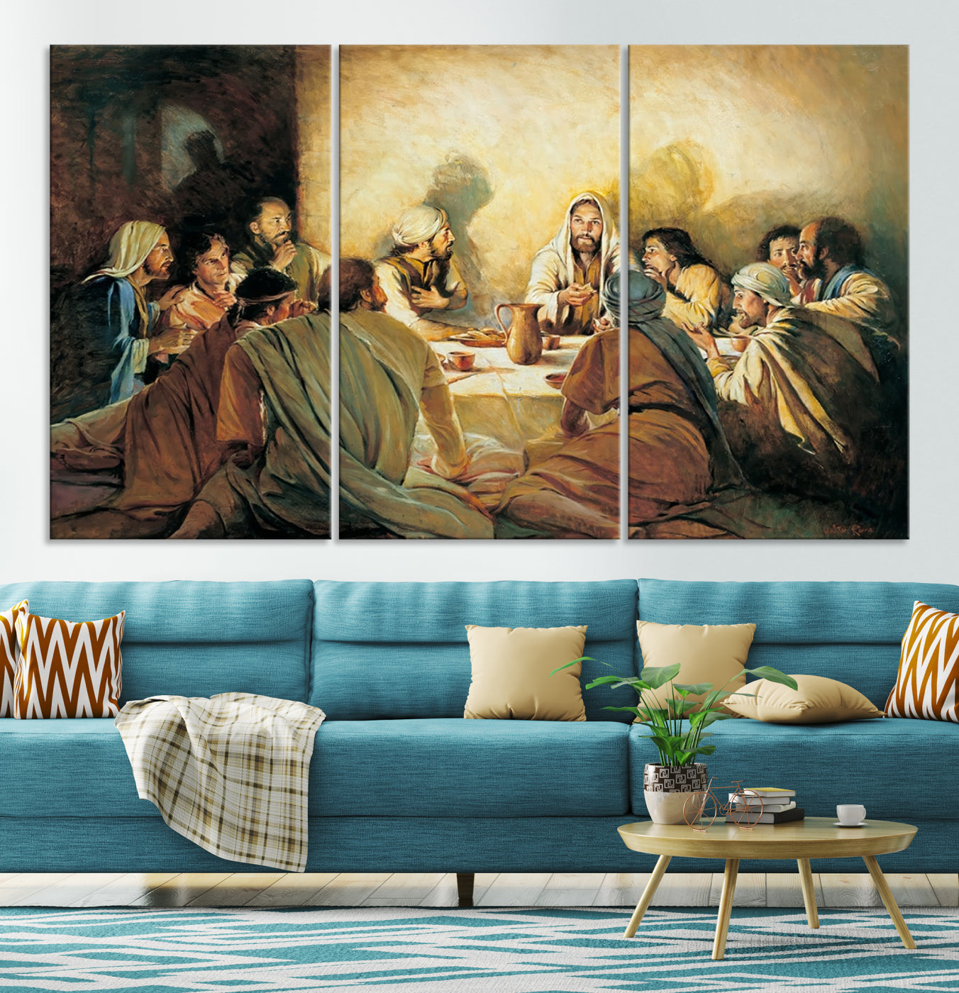 Framed canvas print of the Last Supper, depicting Jesus and his disciples, perfect for religious or Christian-themed home decor.