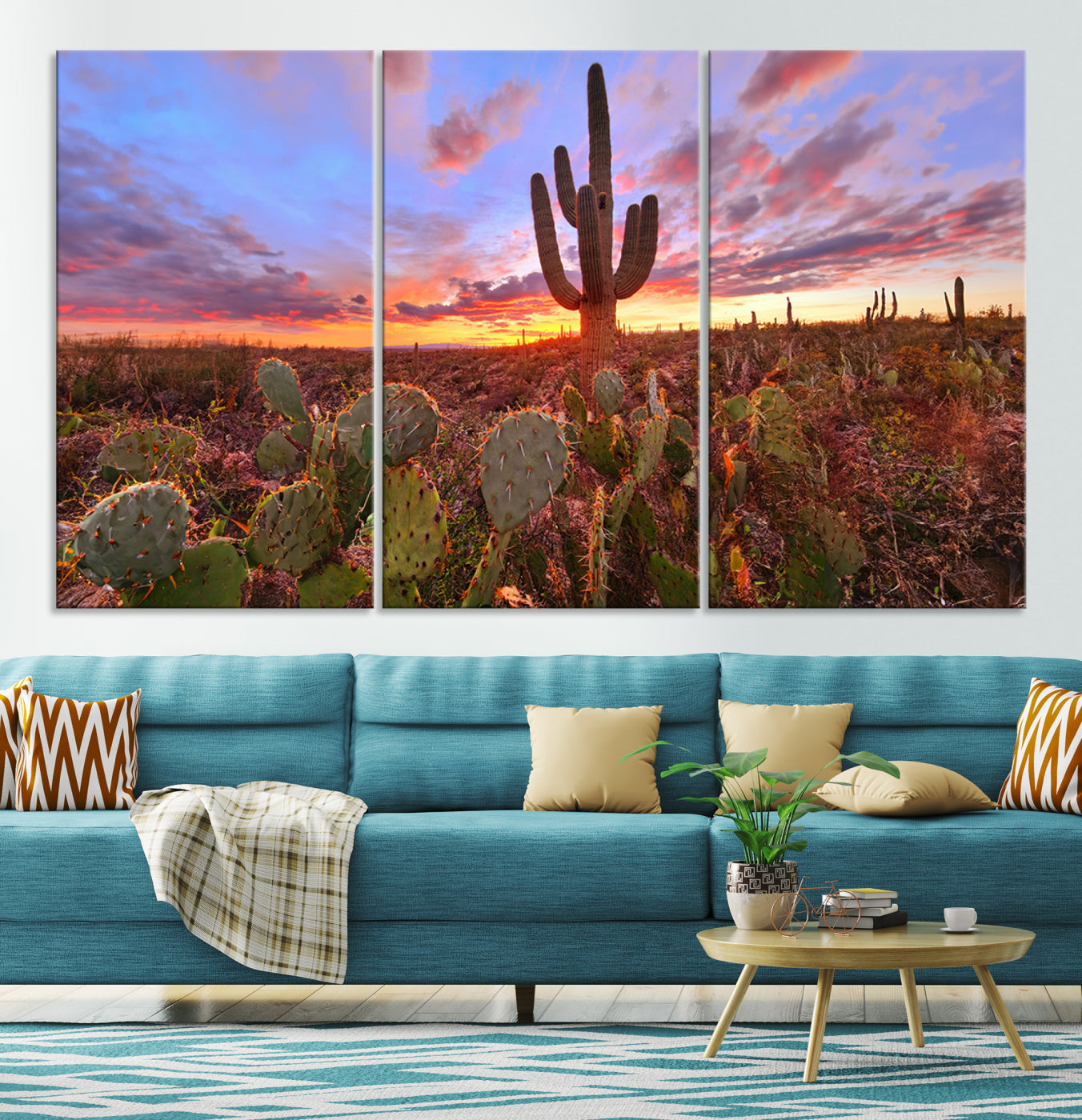 The Arizona Desert Sunset Wall Art Canvas Print hangs prominently.