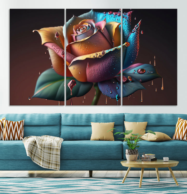 The Abstract Rose Wall Art Canvas Print displays a rose with droplets.