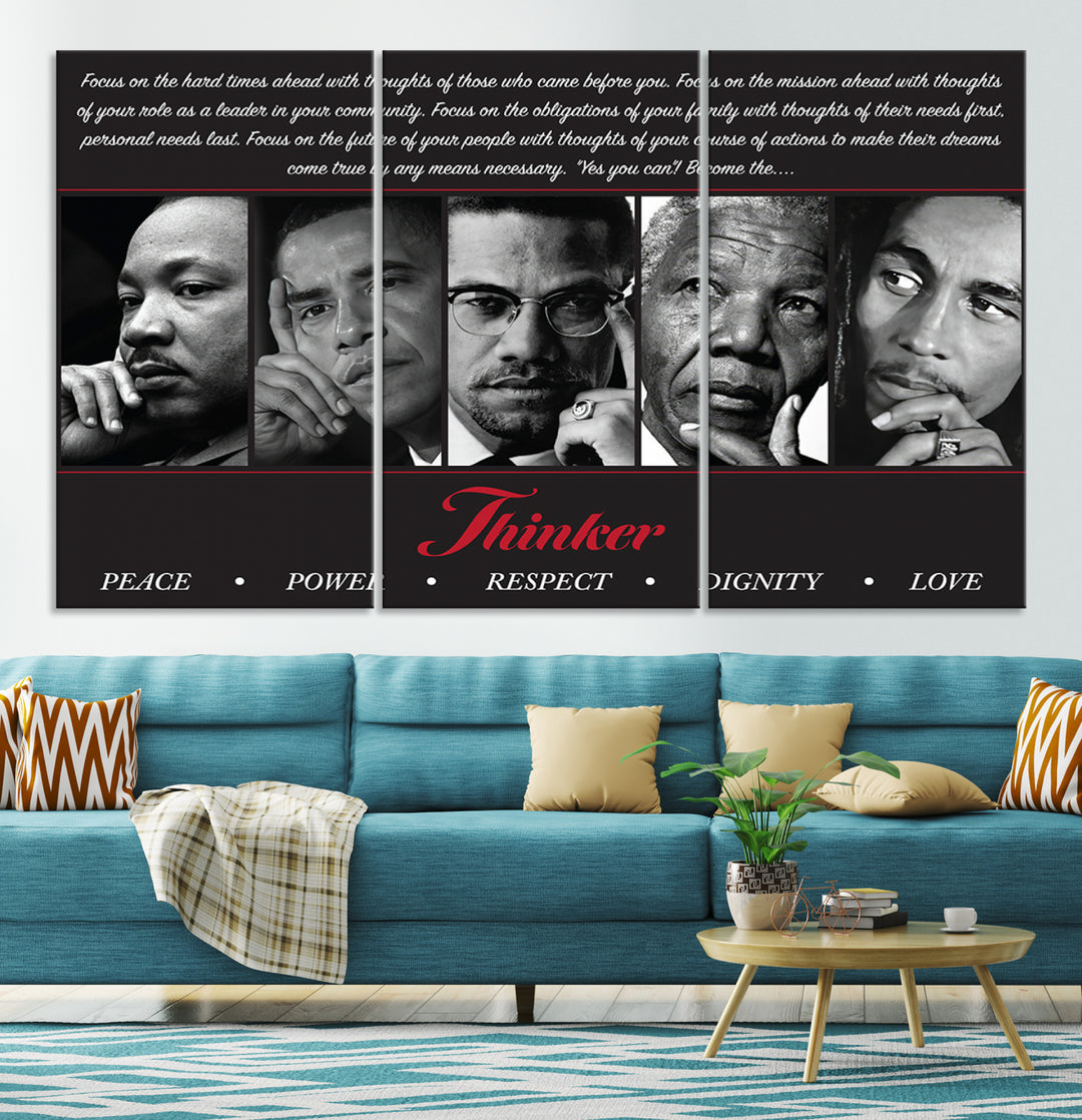 The wall art is a black and white piece featuring iconic figures accompanied by the words Thinker Peace Power Respect Dignity.