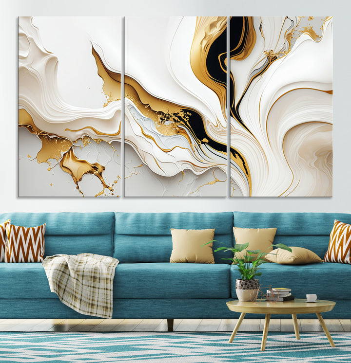 Modern interiors showcase Gold Waves on Pure White Canvas.