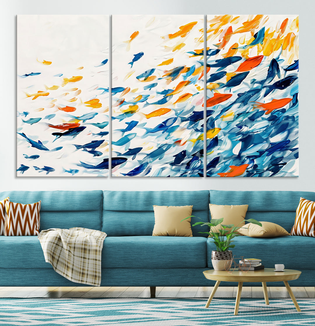 A colorful Abstract Fish Shoal Canvas Print hangs on the wall.