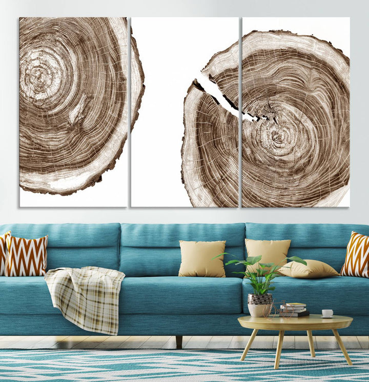 Wood Tree Ring Wall Art on a minimalist black and white canvas.