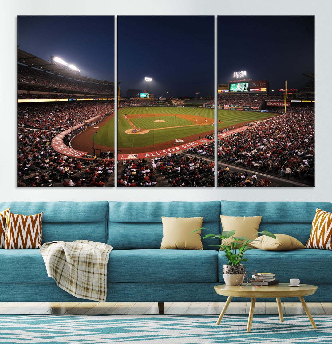 Aerial view of an LA Angels game at night, captured as stunning wall art on premium canvas, handmade in the USA.