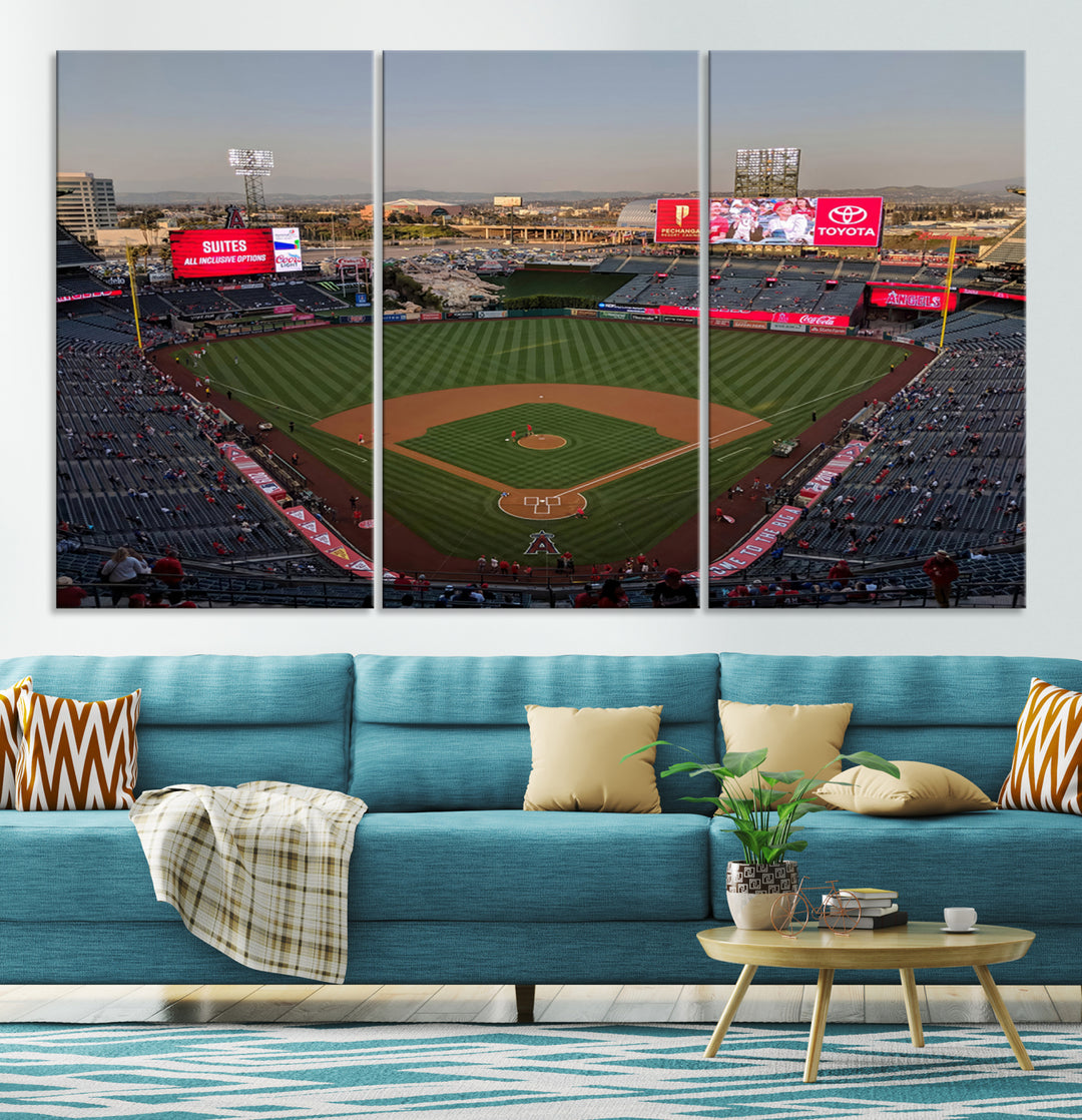 Aerial view of Angel Stadium, perfect as gallery-quality wall art - Los Angeles Angels Canvas Print.