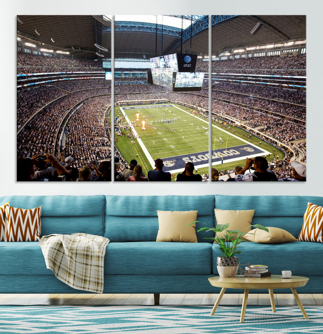 The wall art is a Dallas Cowboys AT&T Stadium Canvas Print, showcasing the iconic logo.