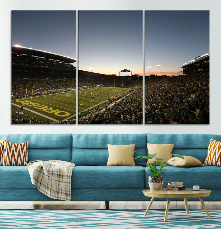 Canvas artwork depicting an Oregon Ducks football game at Autzen Stadium, capturing a sunset and packed stands.