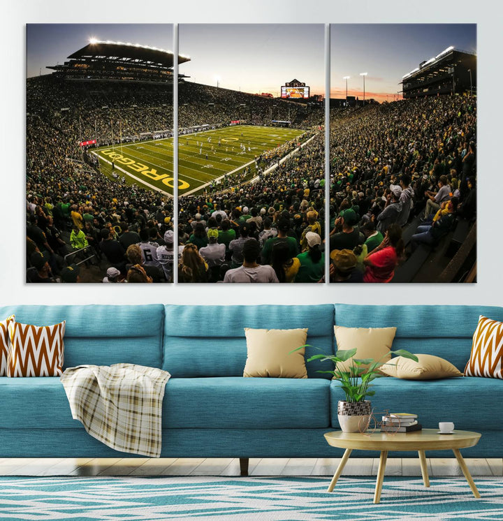 Autzen Stadium Evening Game Triple Canvas Wall Art - Oregon Ducks Football Match