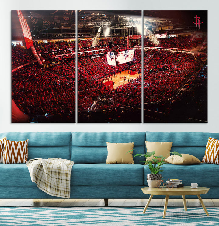 A crowded basketball arena with red lighting hosts a Houston Rockets game.