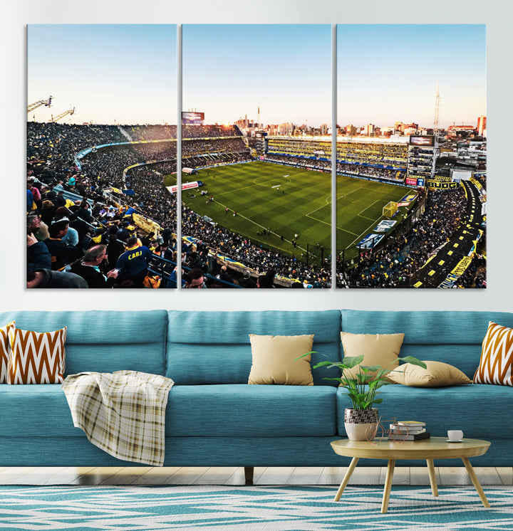 The wall art canvas print vividly captures the dynamic soccer culture at Bombonera Stadium with its vibrant depiction.