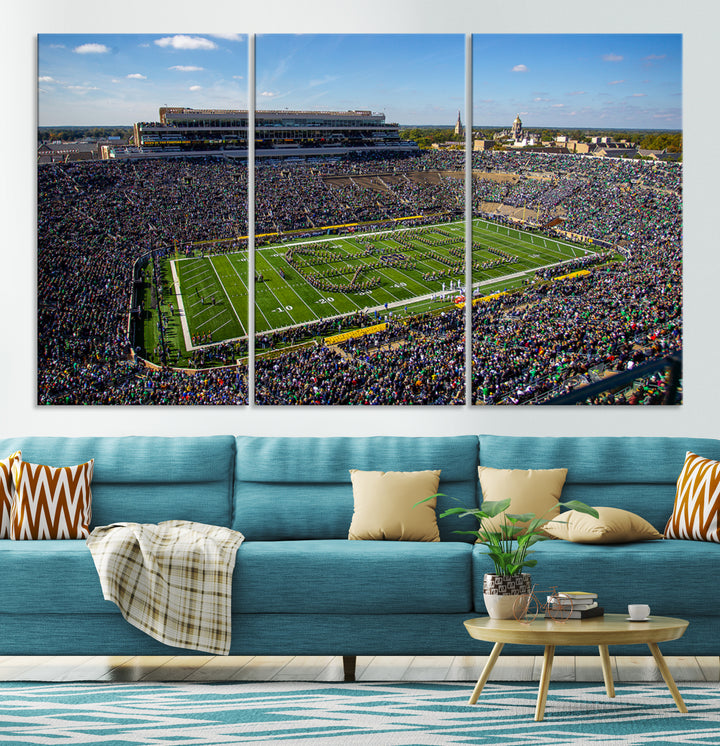 Aerial shot of packed stadium on green; Notre Dame Fighting Irish Stadium Wall Art Canvas Print.