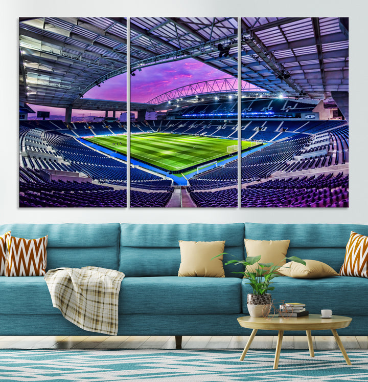 The FC Porto Soccer Team Dragon Stadium Wall Art Canvas Print decorates the room.