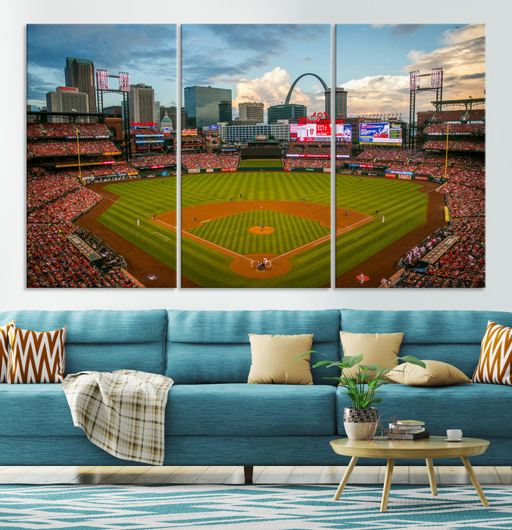 Canvas art of the St. Louis Cardinals Busch Stadium, capturing the citys skyline.