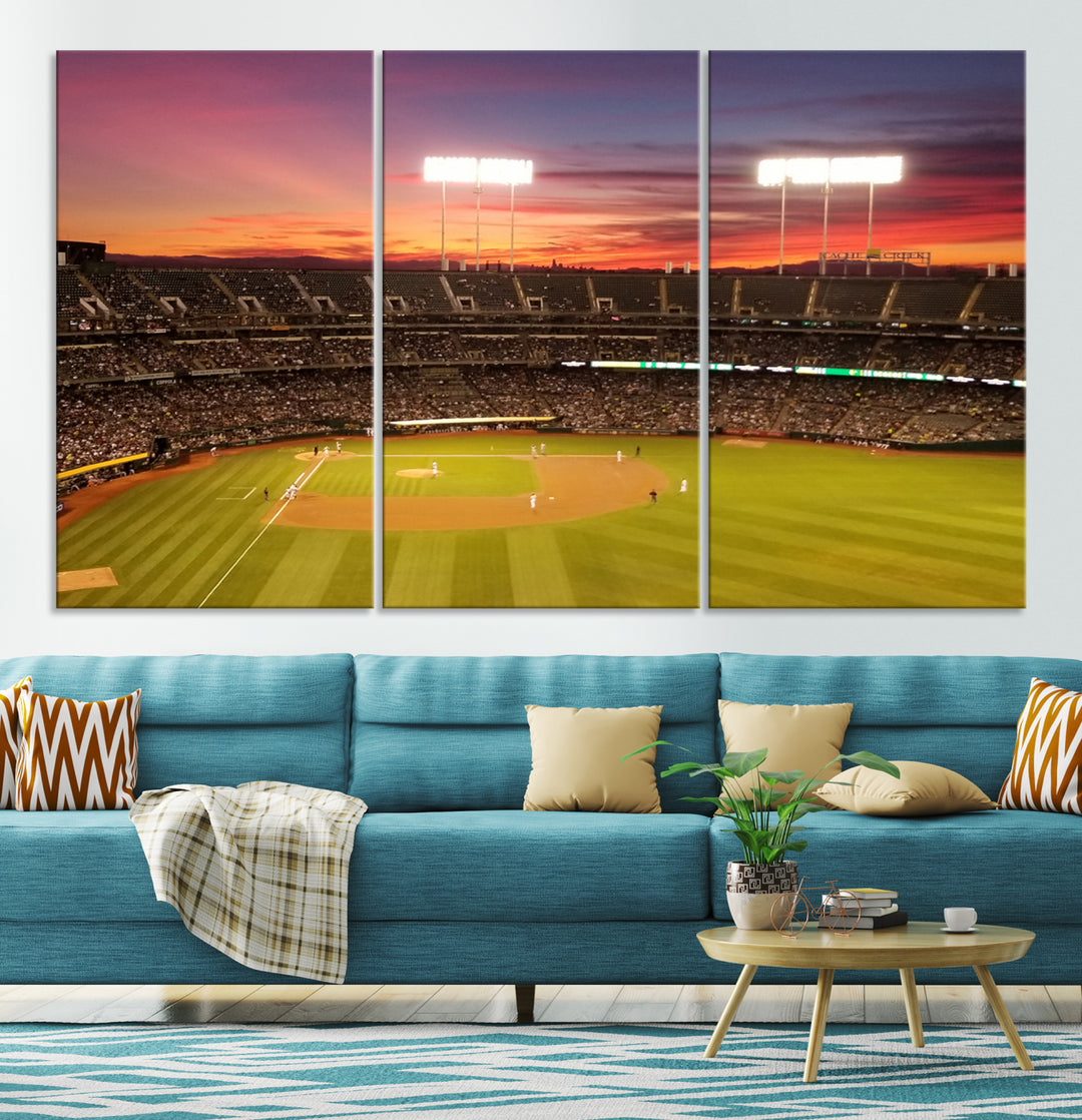 The Oakland Coliseum print is a museum-quality canvas depicting a full crowd and a sunset.