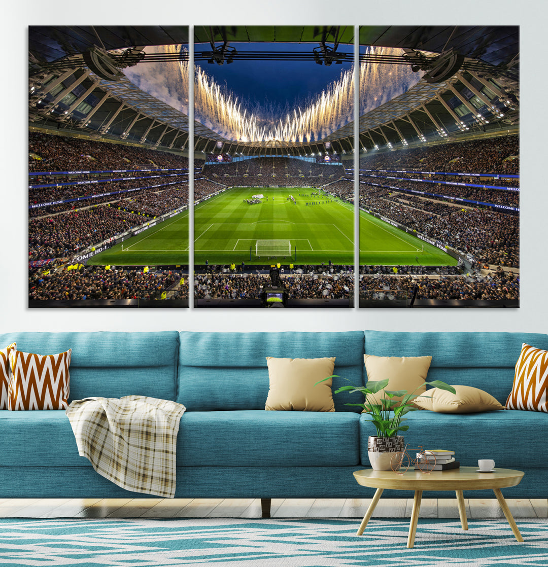 A stunning Tottenham Hotspur Stadium wall art captures the energy of a stadium packed with fans and vibrant lights.