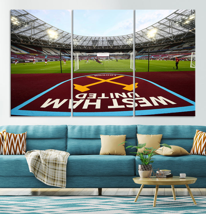 A soccer stadium with the West Ham United FC logo.