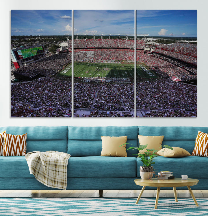 The wall art is a South Carolina Gamecocks print, showcasing Williams-Brice Stadium from a distance under clear skies.