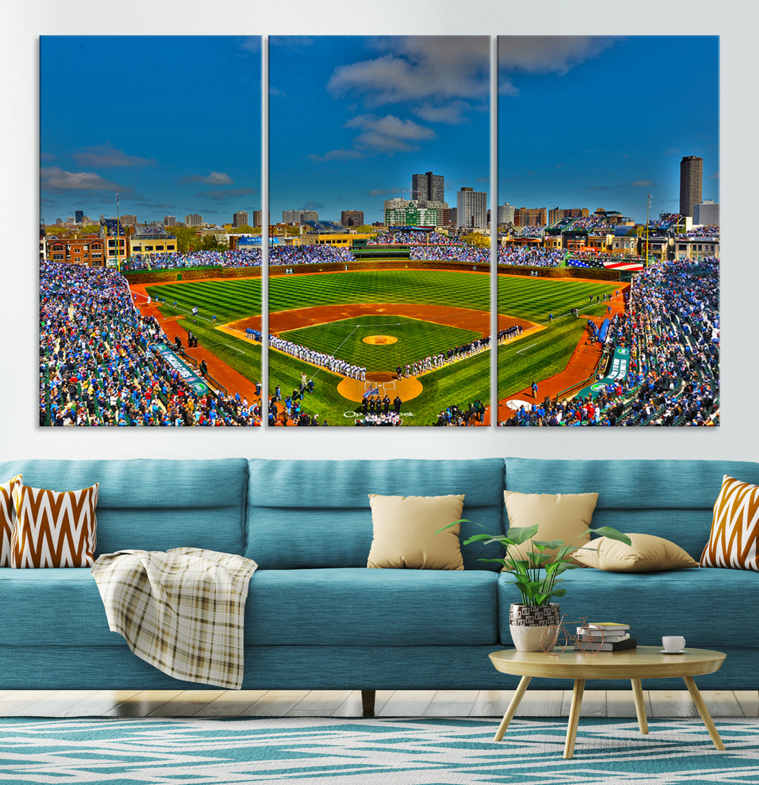 Wrigley Field Chicago Cubs Panoramic 3-Piece Canvas Wall Art - Iconic Baseball Stadium Print for Sports Lovers - Ready to Hang